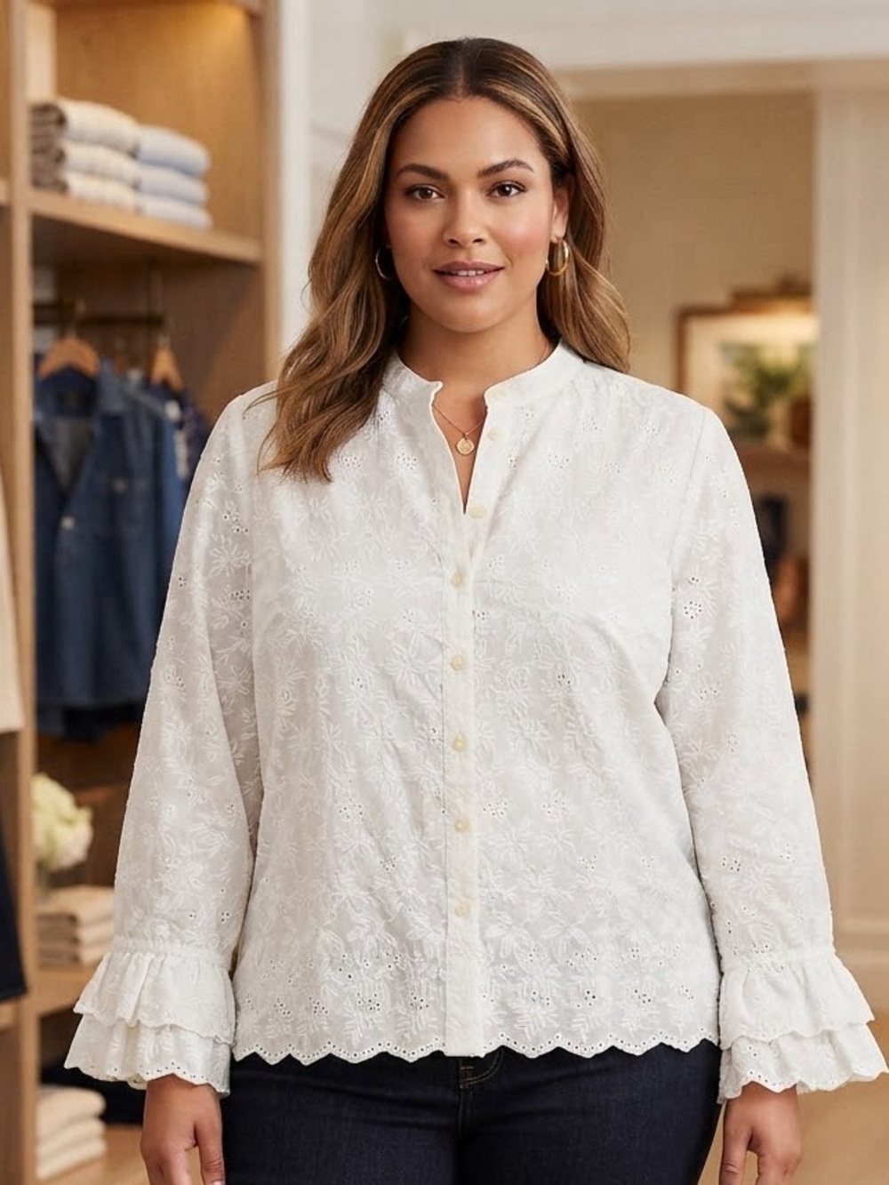 LAUREN RALPH LAUREN Embroidered Eyelet Button-Down Blouse 22W White $135 Retail